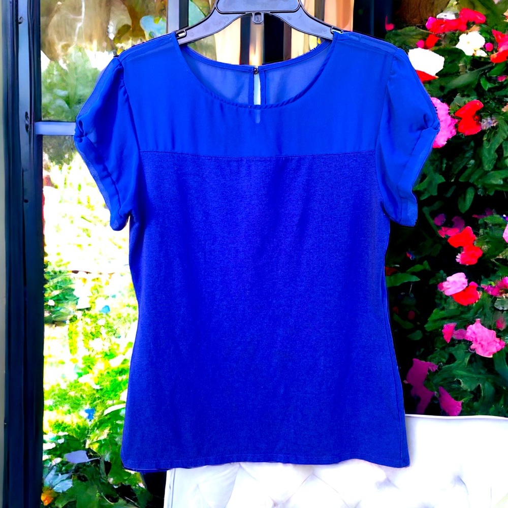 Express Royal Blue Sheer Shoulder Sleeve Blouse Top | Women’s Size  Large